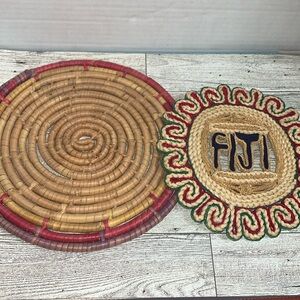 Set of 2 Vintage mix trivets Mexican woven & Figi souvenir
